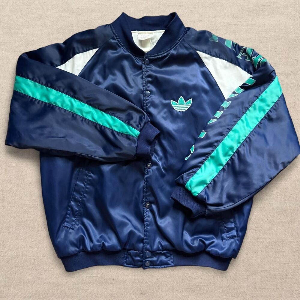 Vintage Adidas Team Adidas Satin Bomber Jacket Mens Size L Blue Teal Snap Up